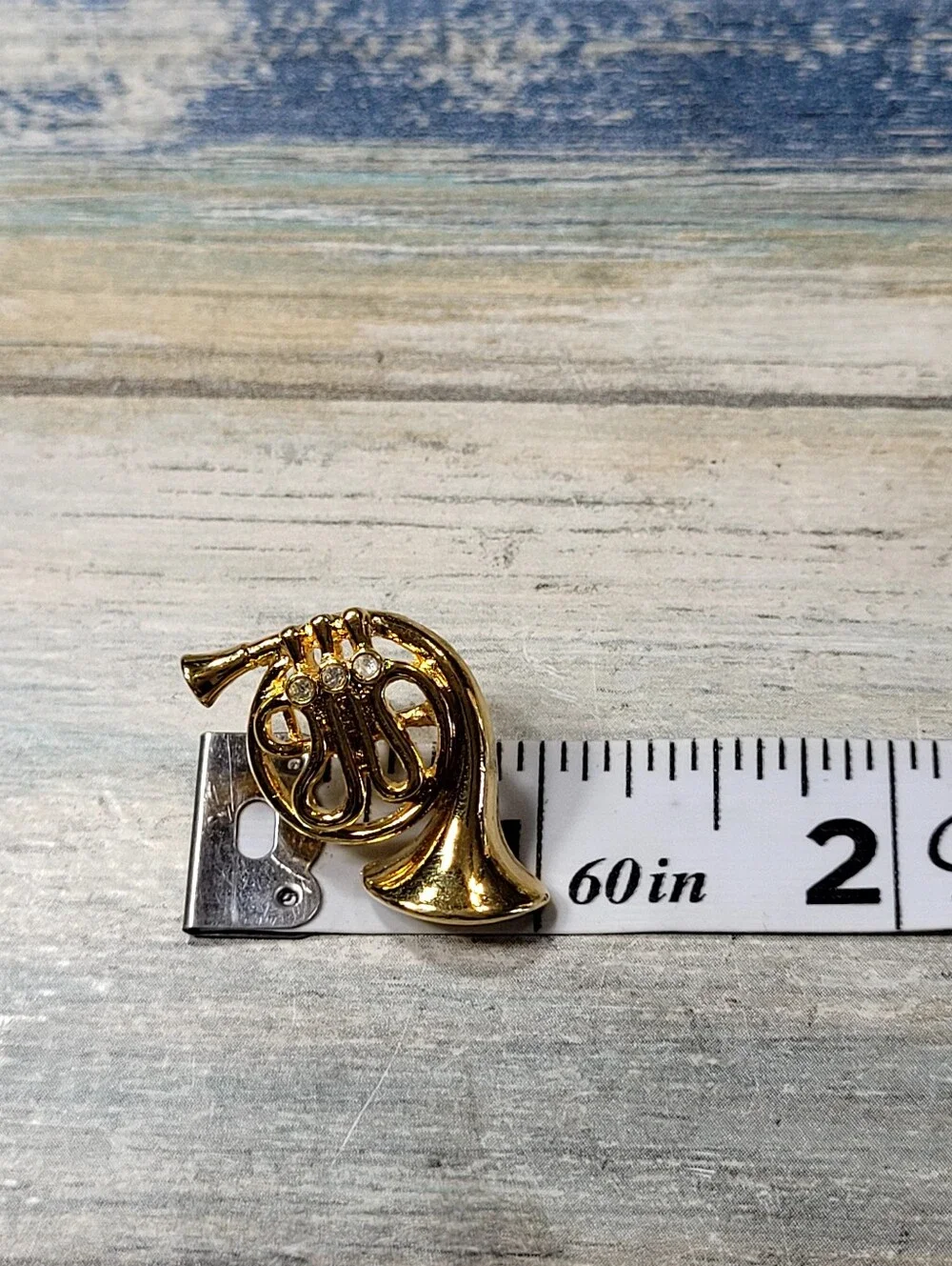 Gold French Horn Brooch Pin with Clear Crystals